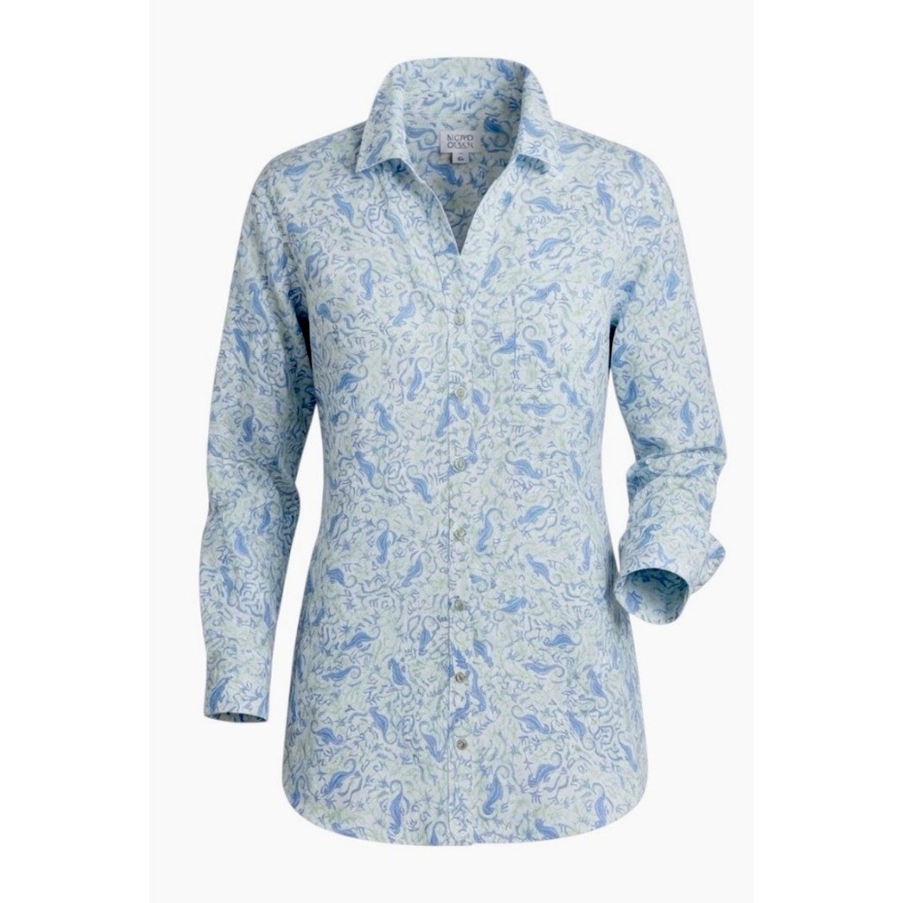 Sigrid Olsen Linen Tunic Top XL Seahorse Ocean Roll Tab Button Coastal Lagenlook